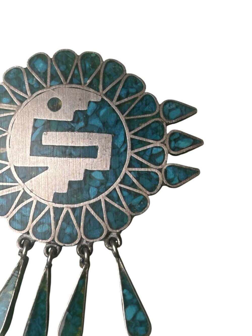 VTG TURQUOISE INLAY HECHO EN 925 ACE MEXICO STERLING SILVER BROOCH PENDANT - Picture 3 of 8